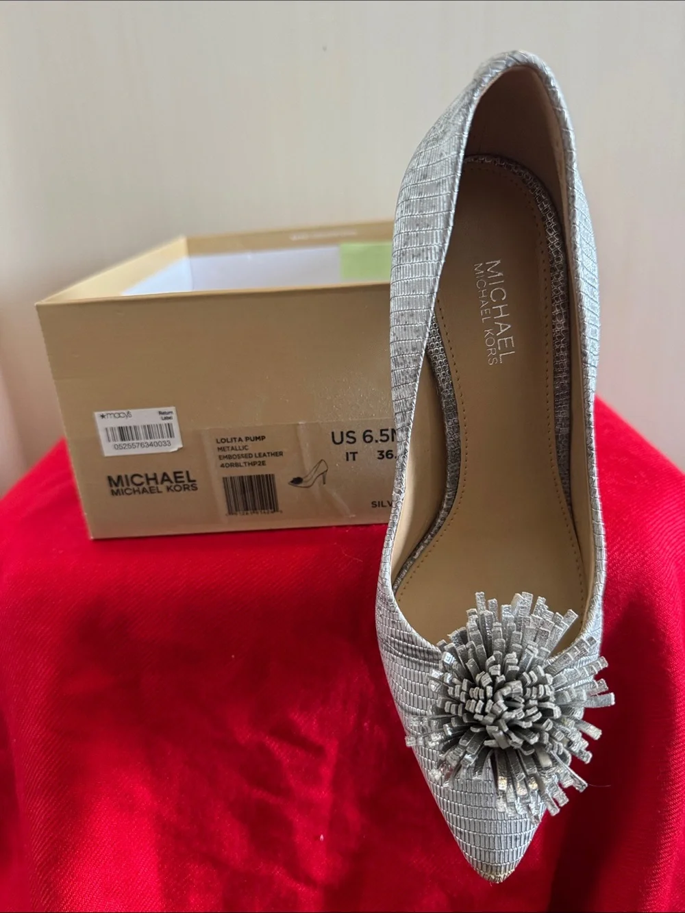 Michael Kors Silver Pointed Toe Pom-Pom Heels